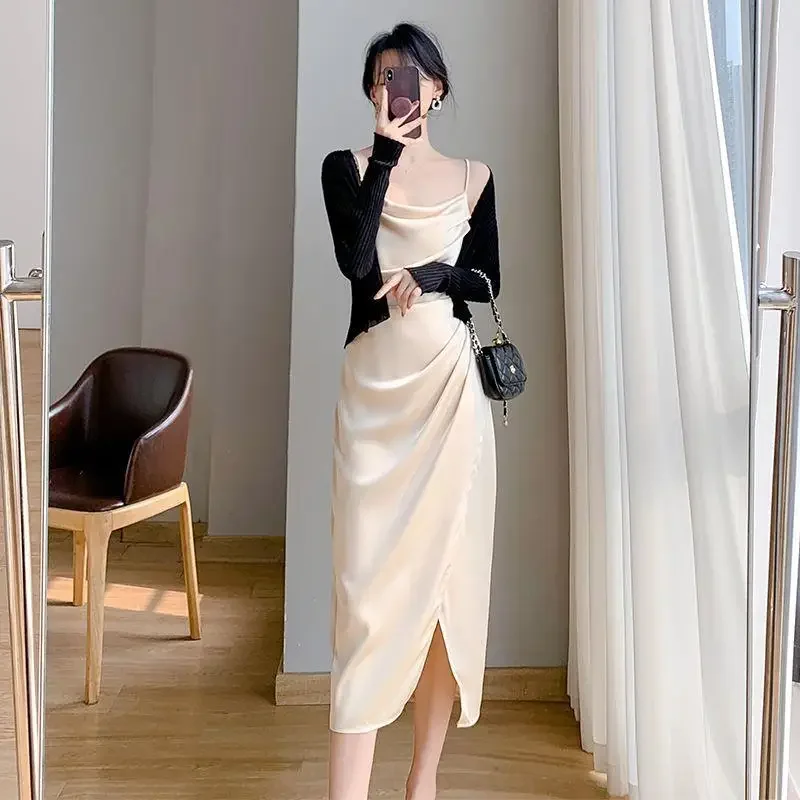 High-end Feel French-style Slimming Tank Dress 2024 Summer Waist-fitted Medium-length A- line Skirt Sleeveless Side Slit - Image 3