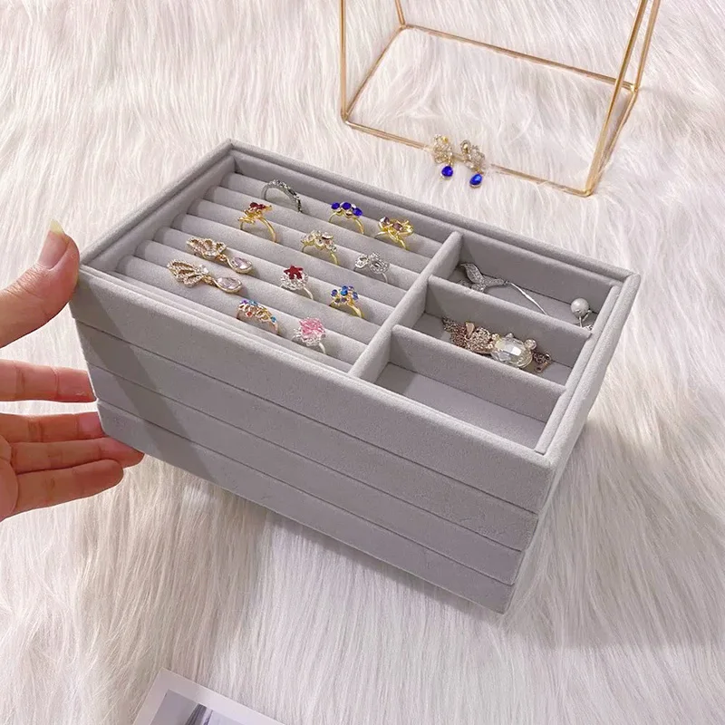 Gray Velvet Jewelry Tray Drawer Insert Divided Storage Holder Stackable Jewelry Organizer Earring Display Tray For Ring Watch velvet jewelry display organizer tray necklace stackable showcase portable exquisite earring storage box soft ring holder