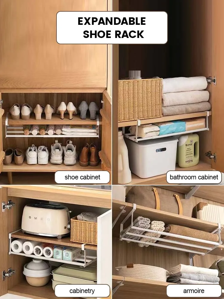 Adjustable Shoe Rack Expandable Hanging Under Cabinets Clothes Shoe Storage Shelf Space-Saving Multi-Purpose Household Shelves