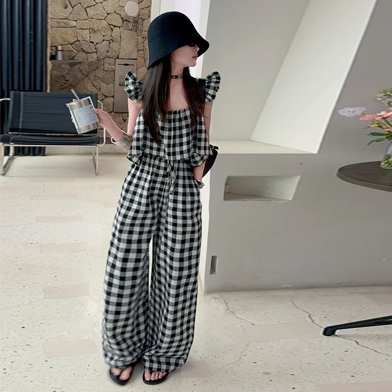 

Комбинезон для девочек от 10 до 12 лет, летние модные черные, белые клетчатые комбинезоны для детей, Свободная Повседневная тонкая одежда для подростков