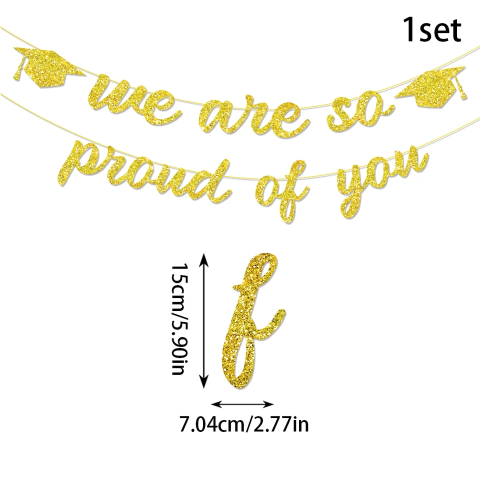 Class Of 2025 Graduation Banner - 70.8x43.3" Mexican Glitter Gold Backdrop With Flags