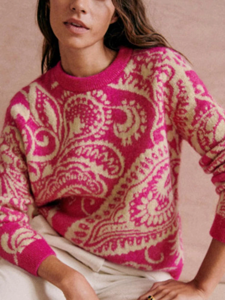 

New Spring 2023 Wool Blended Jacquard Knitted Pullover Loose Sweater Women