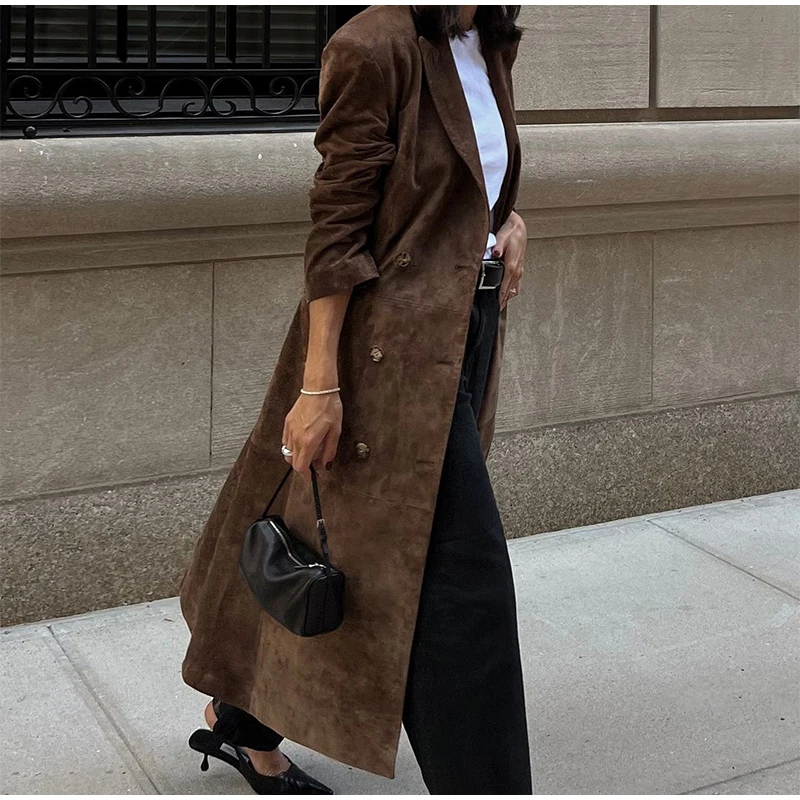 Fashion Lapel Suede Long Jacket Women Elegant Oversized Double-breasted Trench Overcoat Autumn Lady Commute Outerwear New