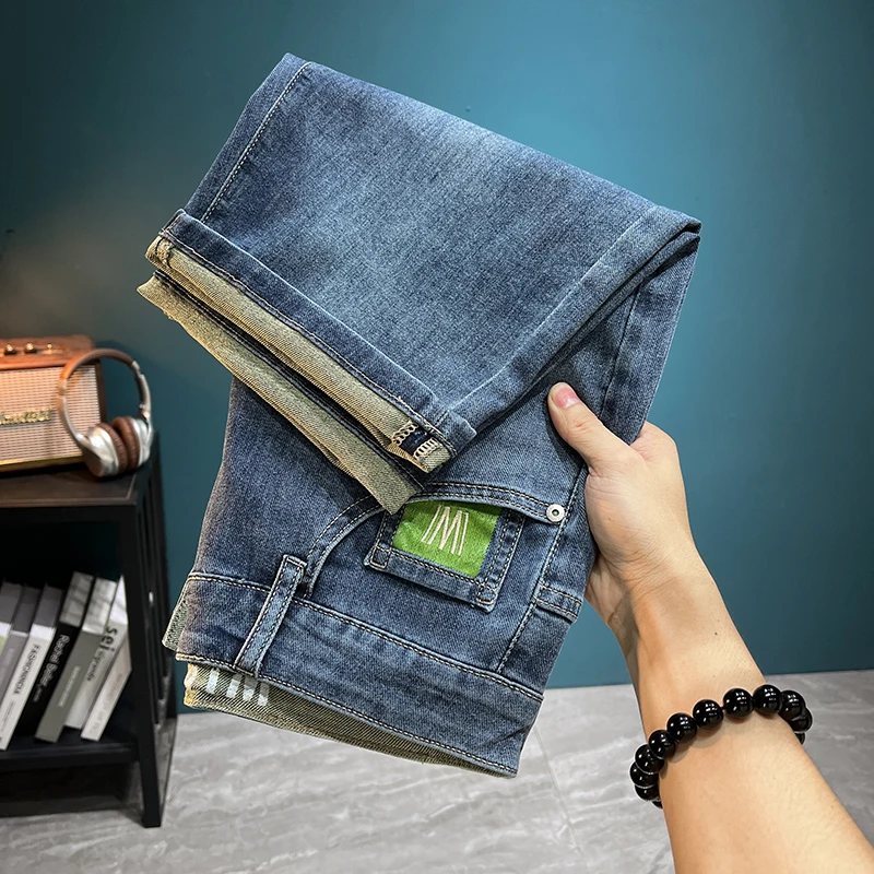 2024Summer Thin Stretch Denim Shorts Men's Fashionable Printed Fitted All-Matching Casual Fashionable High-End Shorts