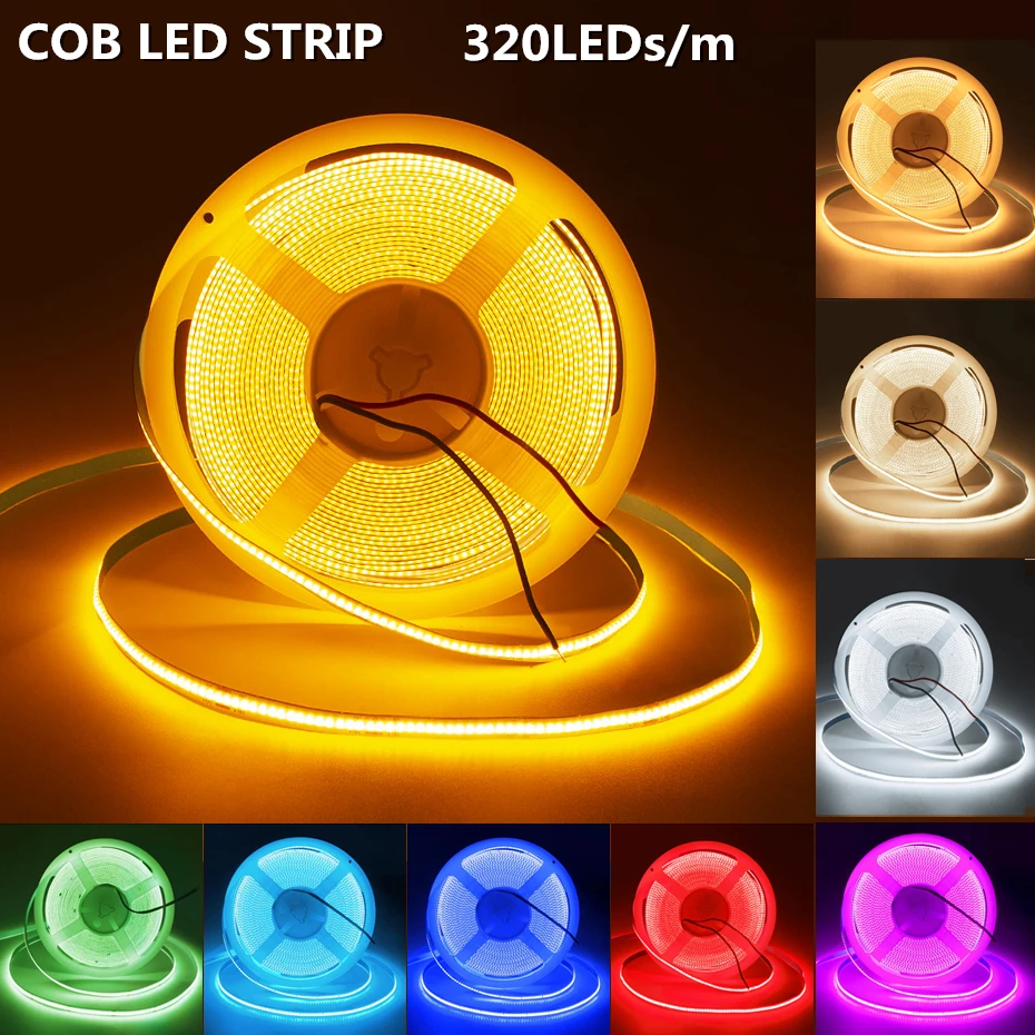 

5M 10M 24V COB Светодиодные полосы 320 LED / M Белый - Красный - Зеленый - Голубой - Розовый вязкий светодиодный ленточный светильник для домашнего интерьера