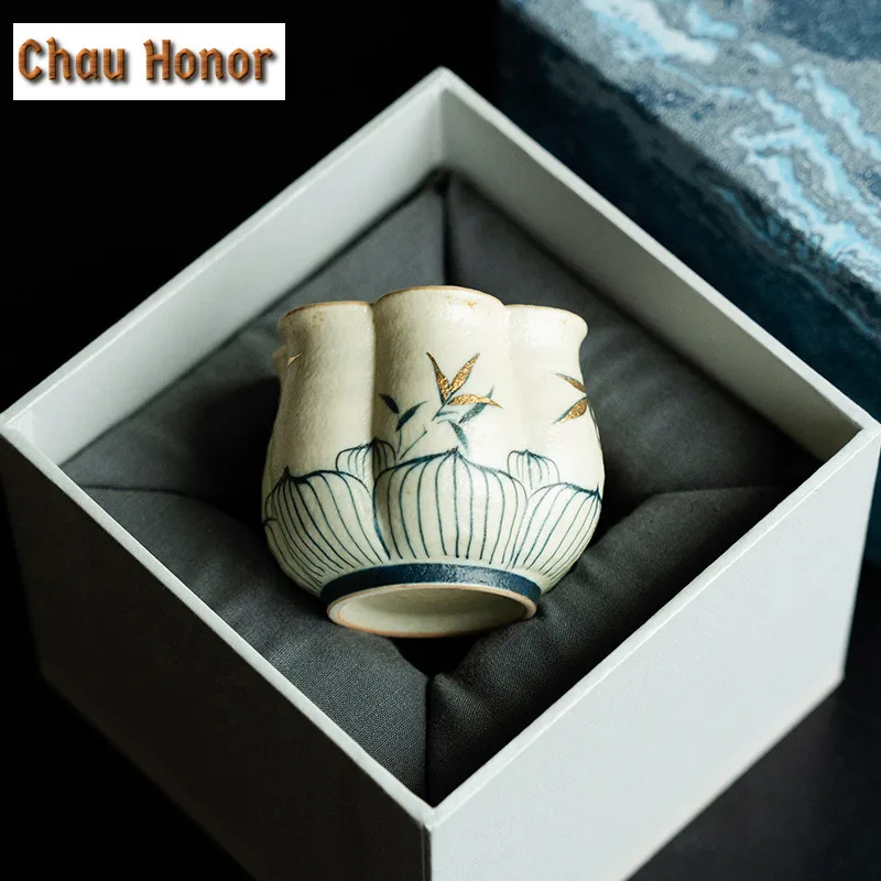80ml Blue And White Flint Red Teacup Handmade Gold Drawing Bamboo Tea Bowl Zen Tea Pair Petal Personal Cup Chazhan Tea Supplies