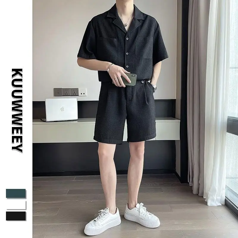 Spring Summer Fashion Short Sleeve Popularity Men's Clothing Korean Style Casual All Match Loose Rope Hombre Solid Sport Sets