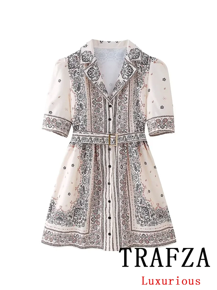 

TRAFZA Vintage Casual Chic Print Women Dress Belt Single Breasted Short Puff Sleeve Dress Fashion 2024 Summer Female Dress