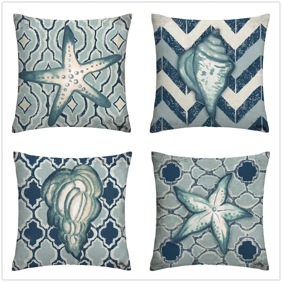 

Винтажная льняная наволочка с голубыми морскими существами, обивка для гостиной, дивана, подушка из обивки Чехлы для домашнего декора, наволочки