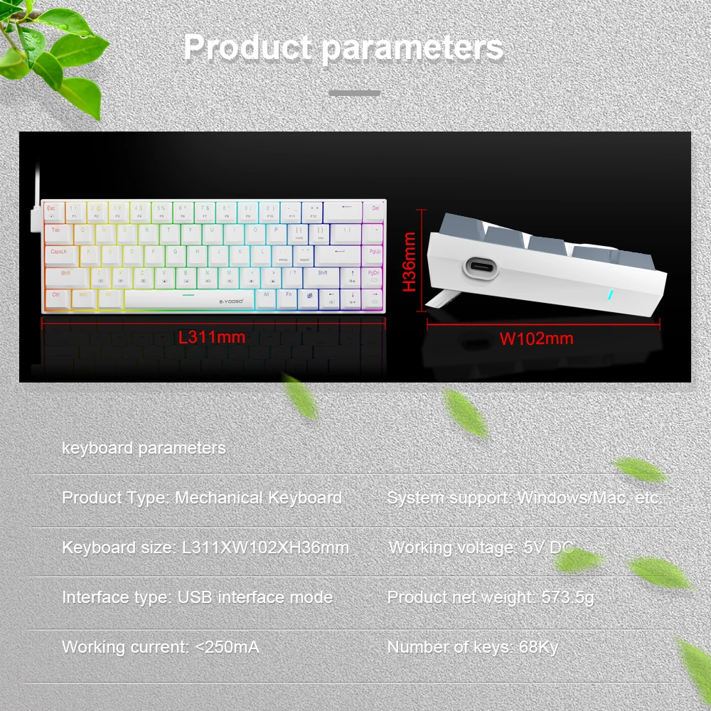 Mini Mechanical Keyboard E-YOOSO Z686 RGB USB 60% Slim Wired Red Switch 68 Keys Gamer For Compute PC Laptop