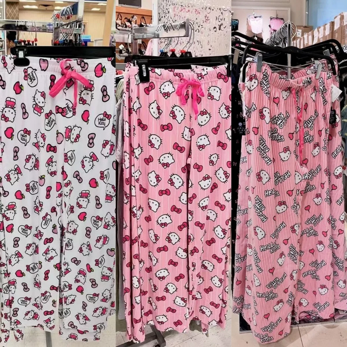 Cartoon Hello Kitty Sleeper Pants For Women Loose Thin Pink Casual Home Pants Outerwear Walking For Girls