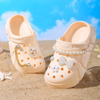 Girls Fashion Solid Color EVA Clogs - Breathable Non-slip Slip-On Sandals with Flower Chain and Pearl Design 1