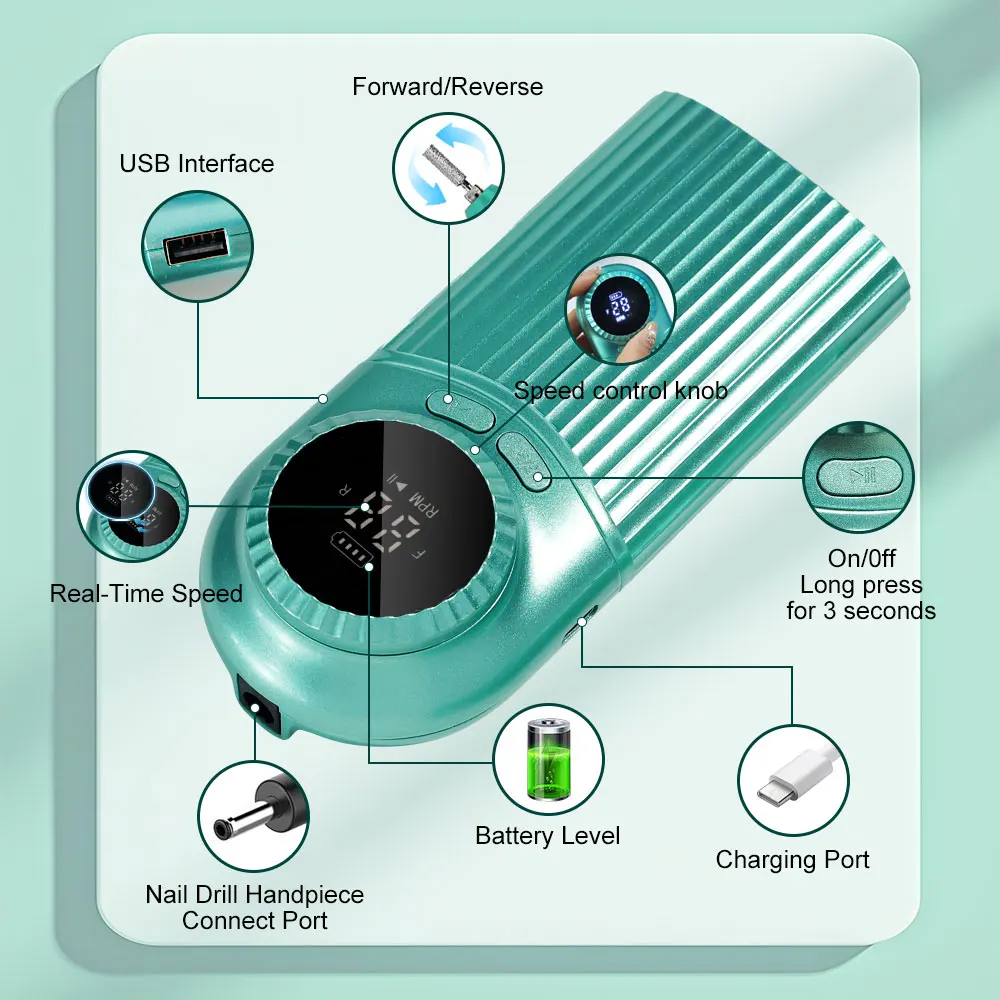 45000RPM 전기 네일 드릴 머신 LCD 디스플레이가 있는 충전식 네일 커터 머신 전문 네일 파일 살롱 네일 도구