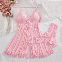 Robe de nuit transparente en dentelle pour femmes, Lingerie Sexy, vêtements de nuit, couleur unie, Slim, doux, col en V, Slip complet, vêtements de nuit et robes, été 5