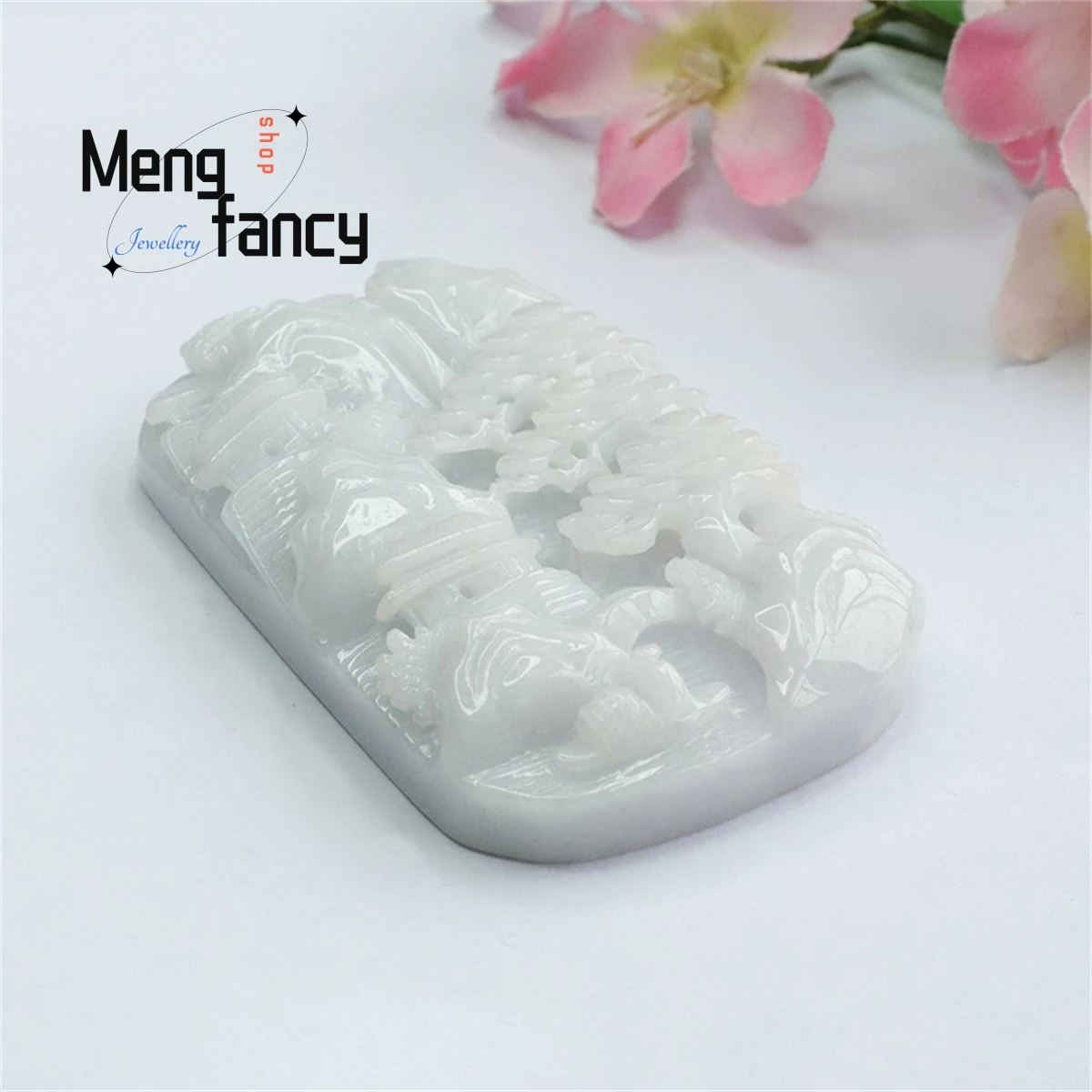 Natural Myanmar Jadeite Thick Cover Carved Landscape Card Simple Generous Personality Charm Fashion Men Women Fine Jewelry Gift