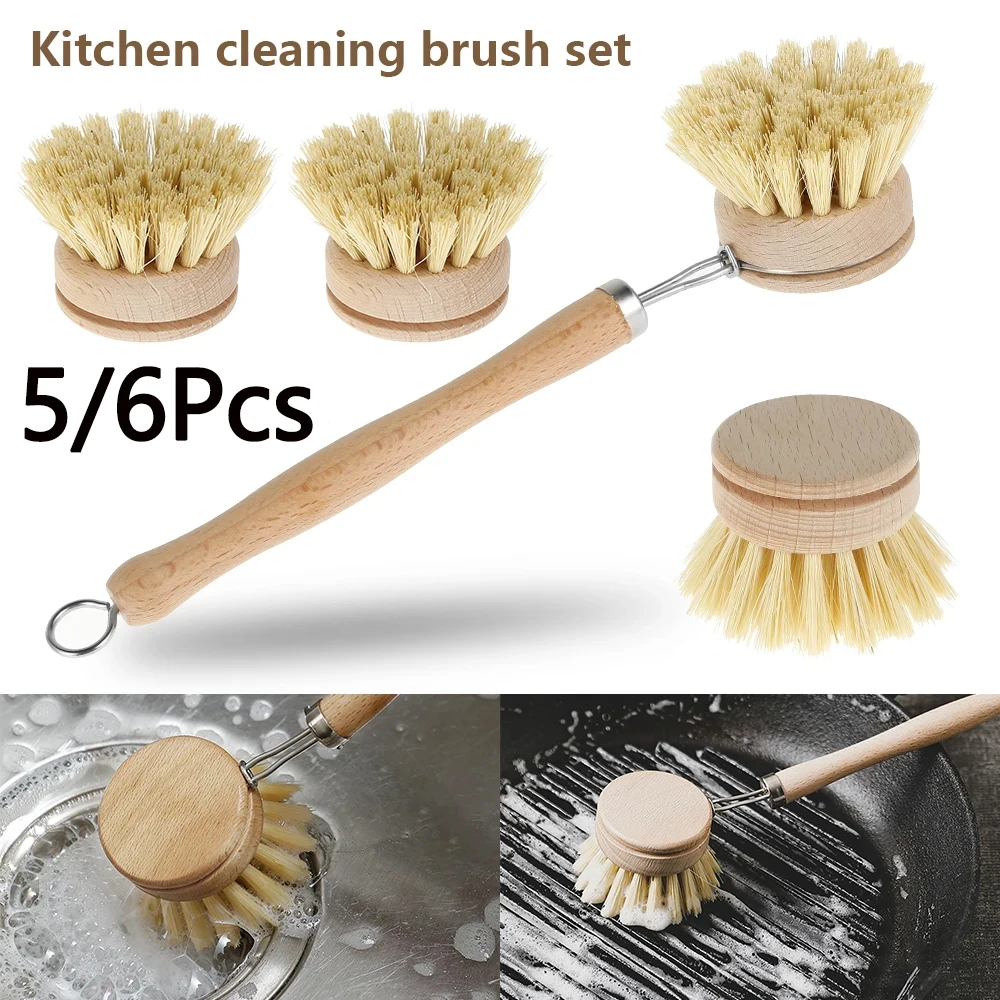 thumbnail image 2 of 4-Piece Natural Kitchen Brush Set - Wooden Scrub Brushes With Soap Dish Loofah Cloths 2 of 12