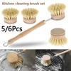 Kitchen Dish Brush Set Wooden Long Handle Pan Brush with 4 Replacement Brush Head kitchen scrubbing brush Pans Pot Brushing Tool 1