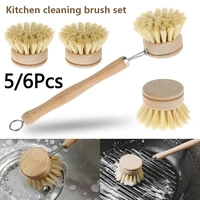 Kitchen Dish Brush Set Wooden Long Handle Pan Brush with 4 Replacement Brush Head kitchen scrubbing brush Pans Pot Brushing Tool 1