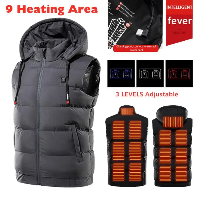 Winter Electric Heated Hooded Vest Thermal Waterproof Jacket USB Charging Vest Adjustabe Heating Warmer Pad Hiking Warm Jacket 1