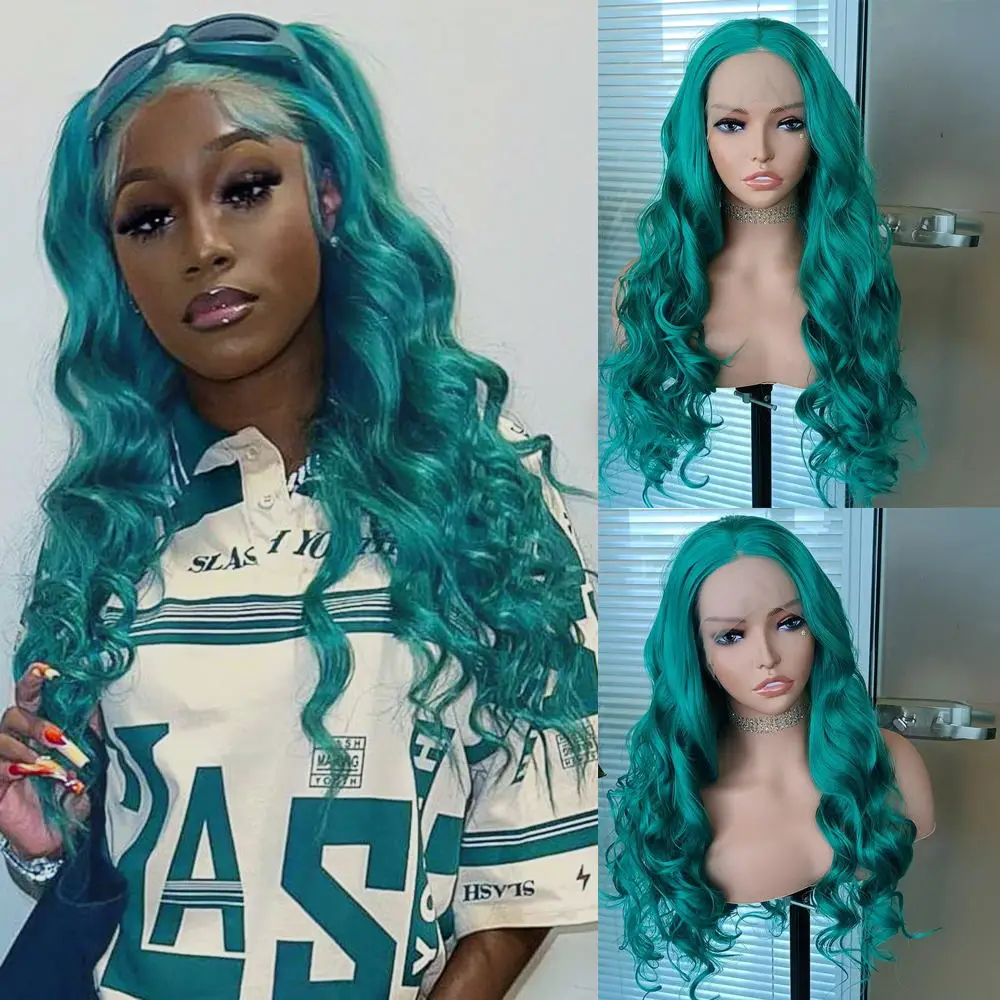 

FANXITION Emerald Green Synthetic Lace Front Wigs Long Body Wave Teal Green Lace Front Synthetic Wig Natural Hairline Heat Fiber