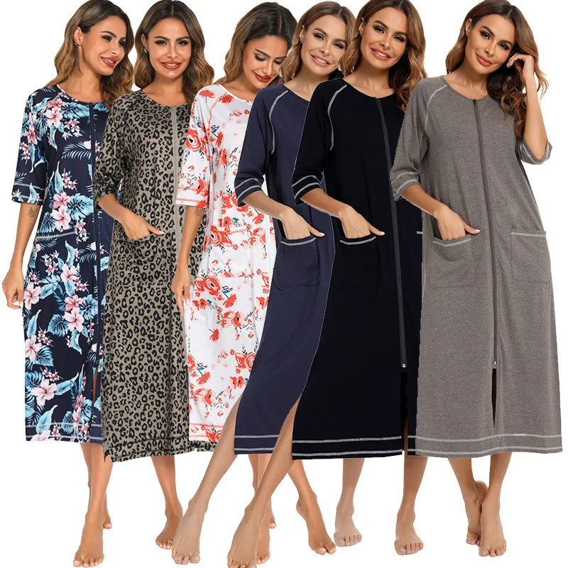 Women sleepwear loose Turkish print women's long home robe morning dressing gown with zip ladies cotton house robes for women night peignoir