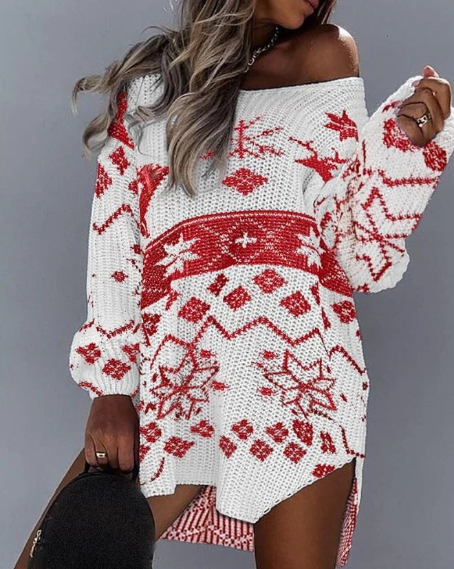 

Elegant and Pretty Women's Dresses 2023 Winter New Fashion Christmas Fair Isle Pattern Knitted High Low Split Hem Sweater Dress