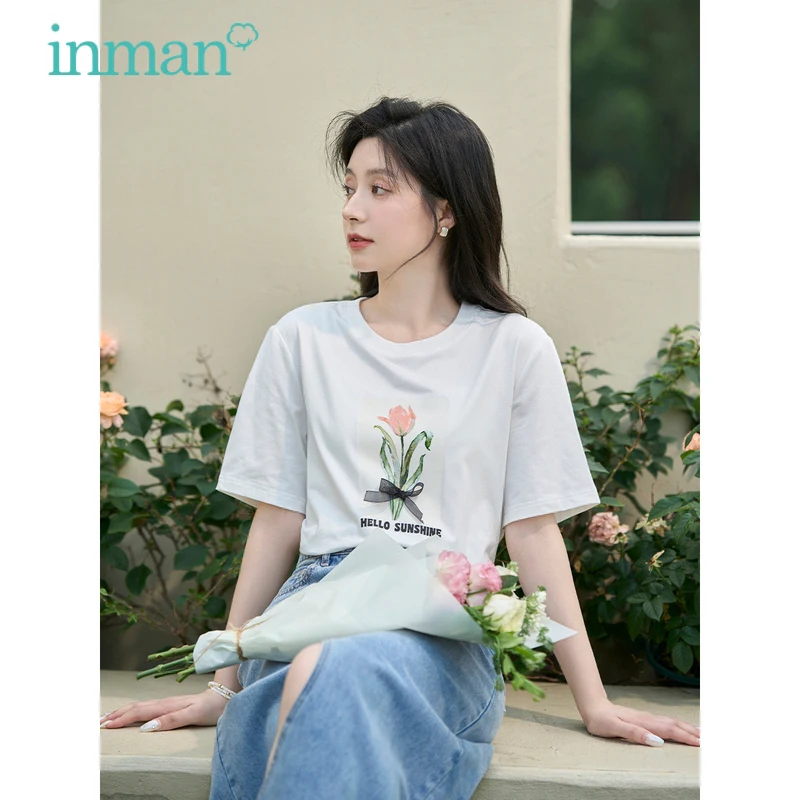 

INMAN Women T-shirt 2023 Summer Short Sleeves Round Neck Loose Tees 3D Tulip Flowers Casual All-match White Pink Tops