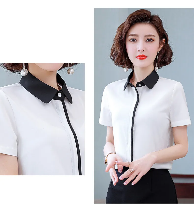 Summer New Women'S Short Sleeved Patchwork Temperament Chiffon Shirt Korean Fashionable Versatile Lapel Professional Top Female