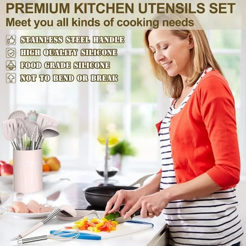 Umite Chef Set di utensili da cucina in silicone, set di 43 spatole con manico in acciaio inossidabile, antiaderente resistente al calore - Miglior set di pentole - cachi