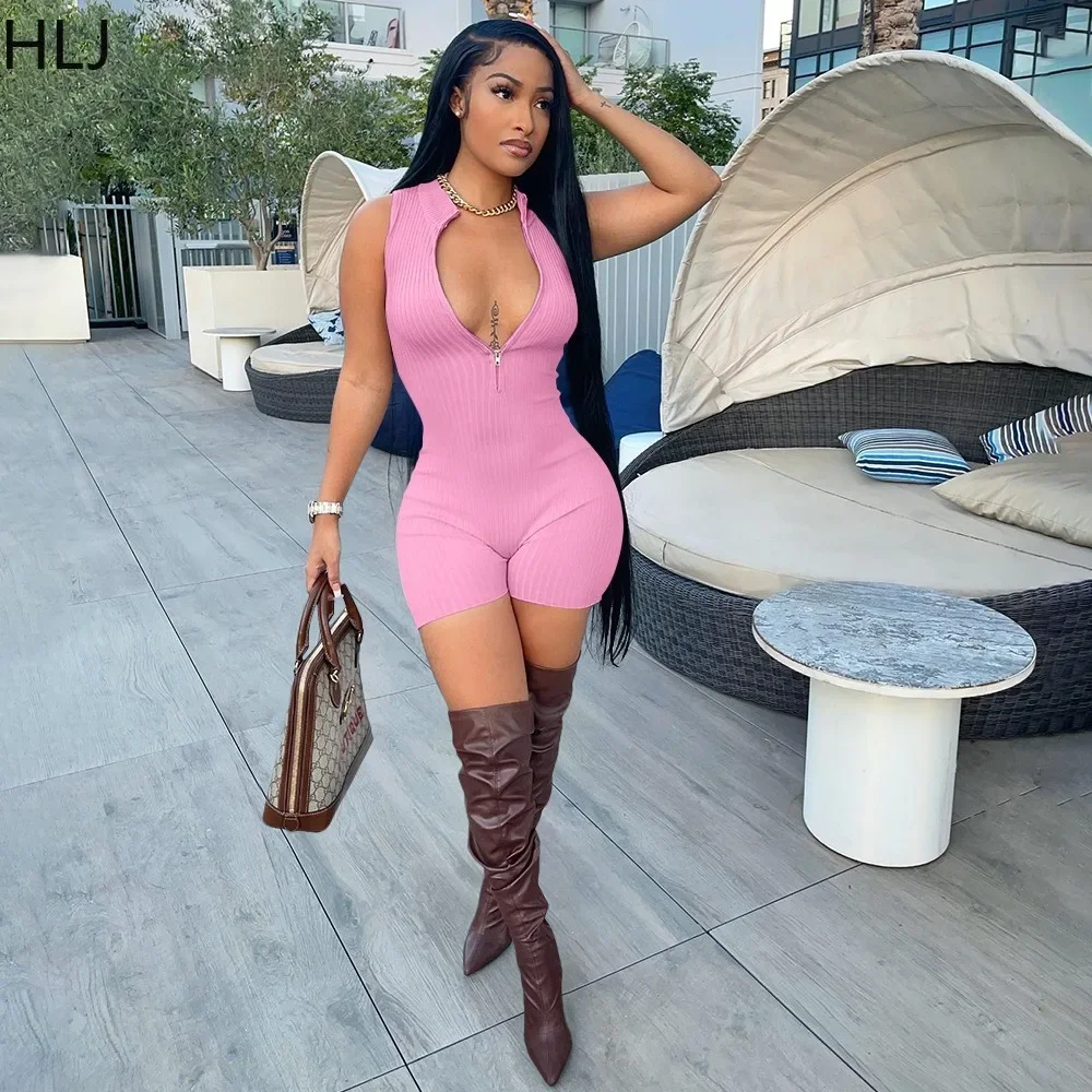 HLJ Solid Ribber Skinny Rompers Jumpsuits Women Sleeveless Bodycon Playsuits Y2k Fashion Zipper Short Sexy Active Jumpsuit 2024