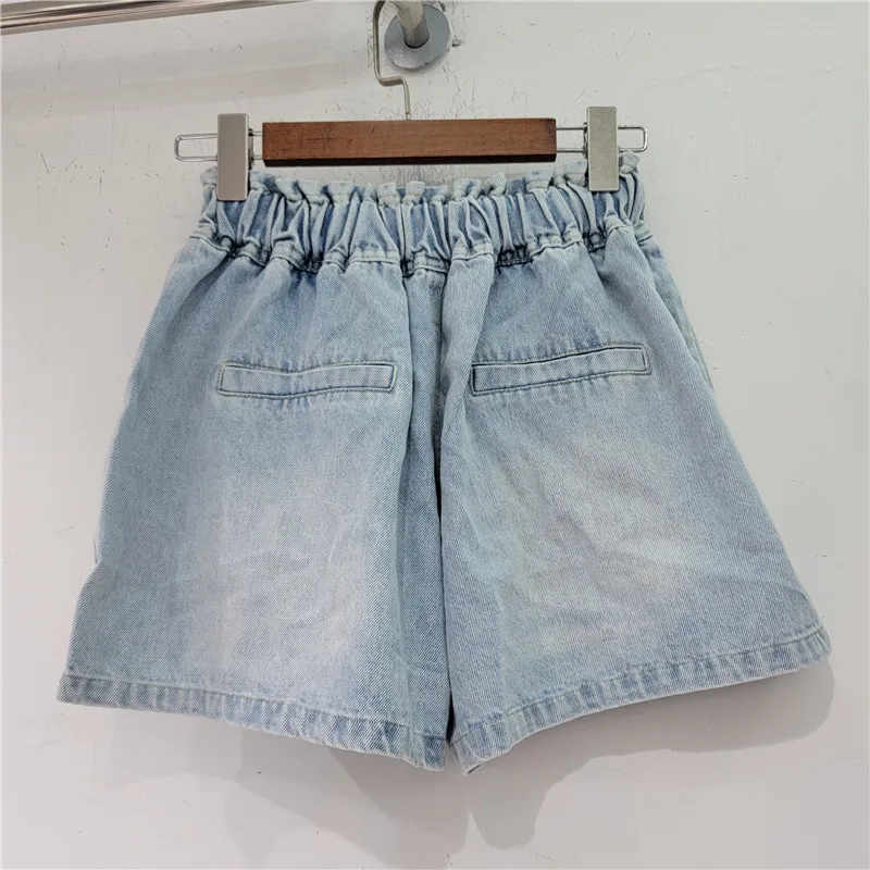 2023 Summer New Wide-Leg Denim Shorts for Women Heavy Industry Multicolored Beads Flower Diamond High Waist Shorts Female