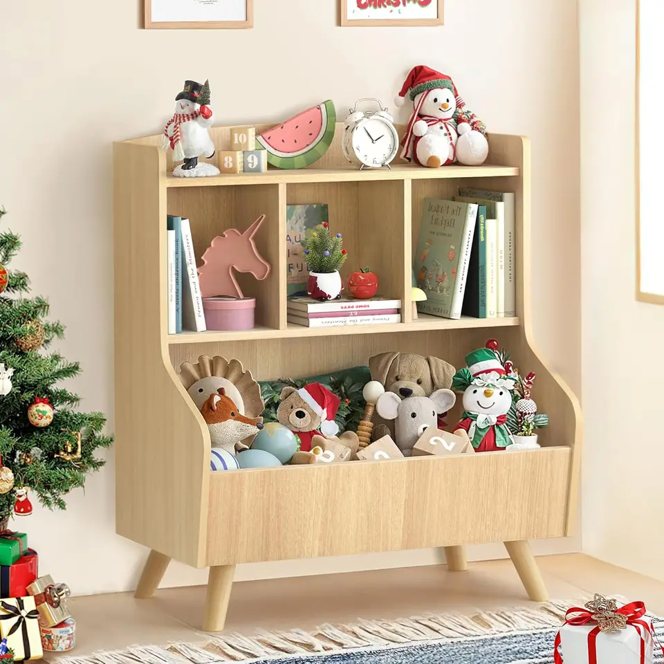 Kids Wooden Bookshelf and Toy Storage Organizer