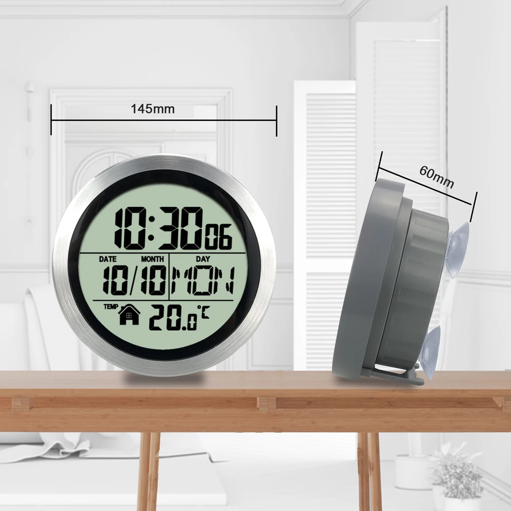 No Punching Suction Cup Digital Wall Clock Home Clock Waterproof Bathroom Washroom Kitchen LCD Display Temperature Detector