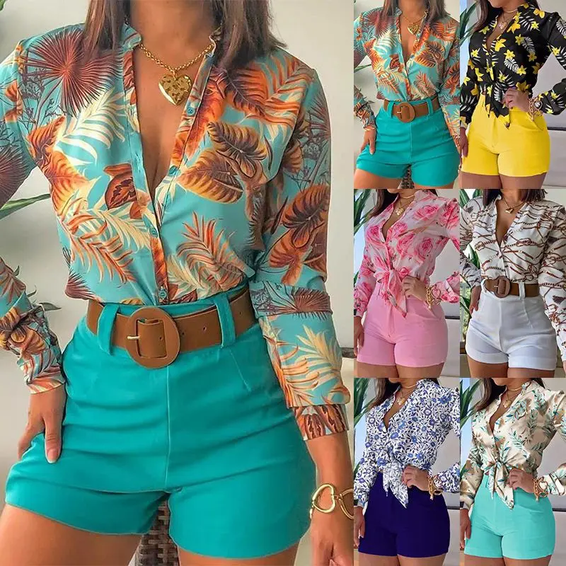 

5008190010 New AliExpress Amazon Light Mature Long Sleeve Printed Stand up Neck Temperament Shirt Two Piece Set for Women