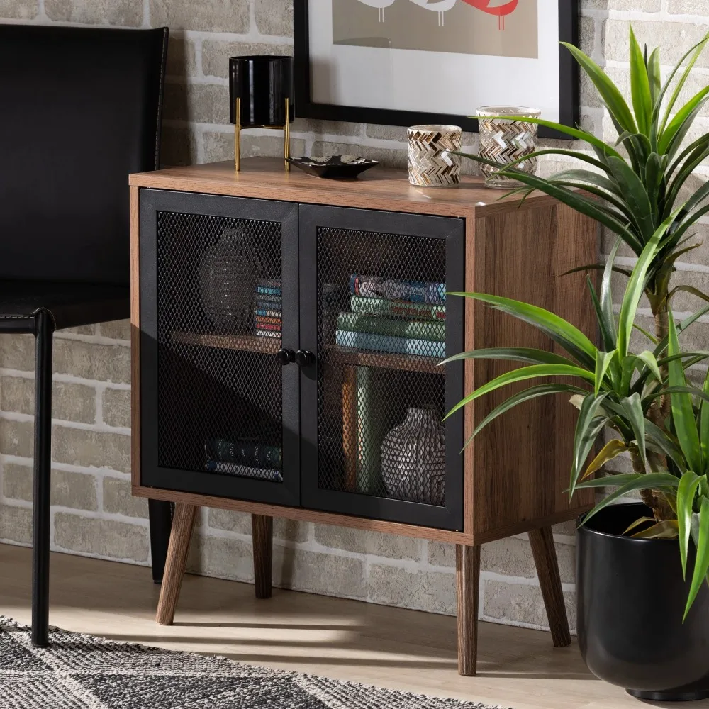 

Yuna Mid-Century Modern Transitional Natural Brown Finished Wood and Black Metal 2-Door Storage Cabinet Sideboard Cabinet