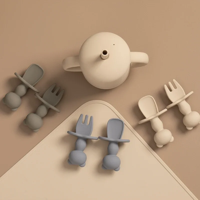 Silicone Cutlery Set Fork Spoon Set Baby Cutlery Food Grade Infant Soft Silicone Feeding Tableware For Toddler Kids Cartoon Panda Mini Training Fork Spoon Set Baby Accessories