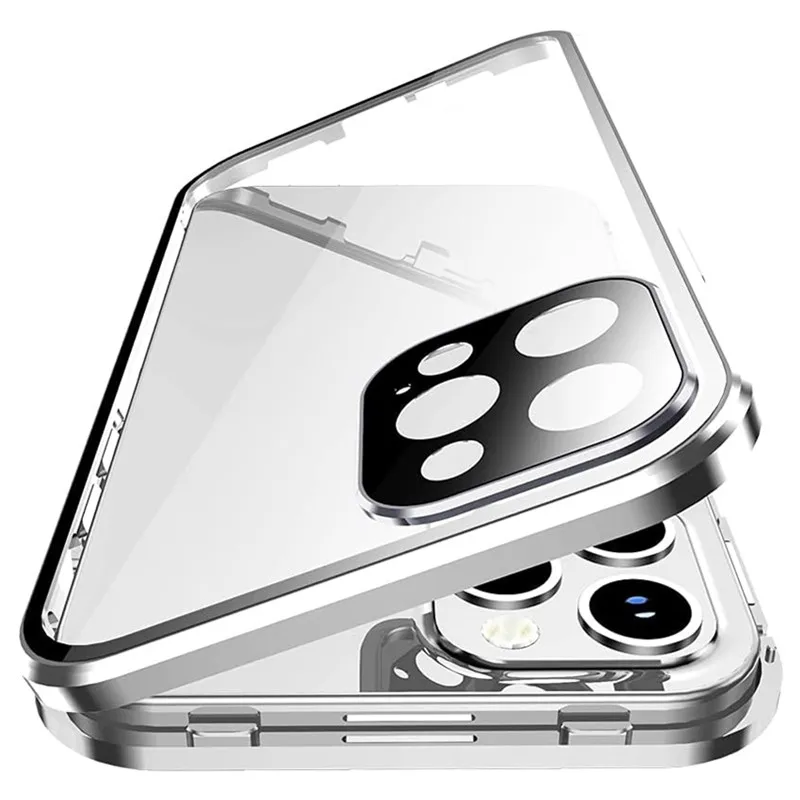 Magnetic Double-Sided Tempered Glass Full Body Case with Lens Protection and Metal Bumper Cover