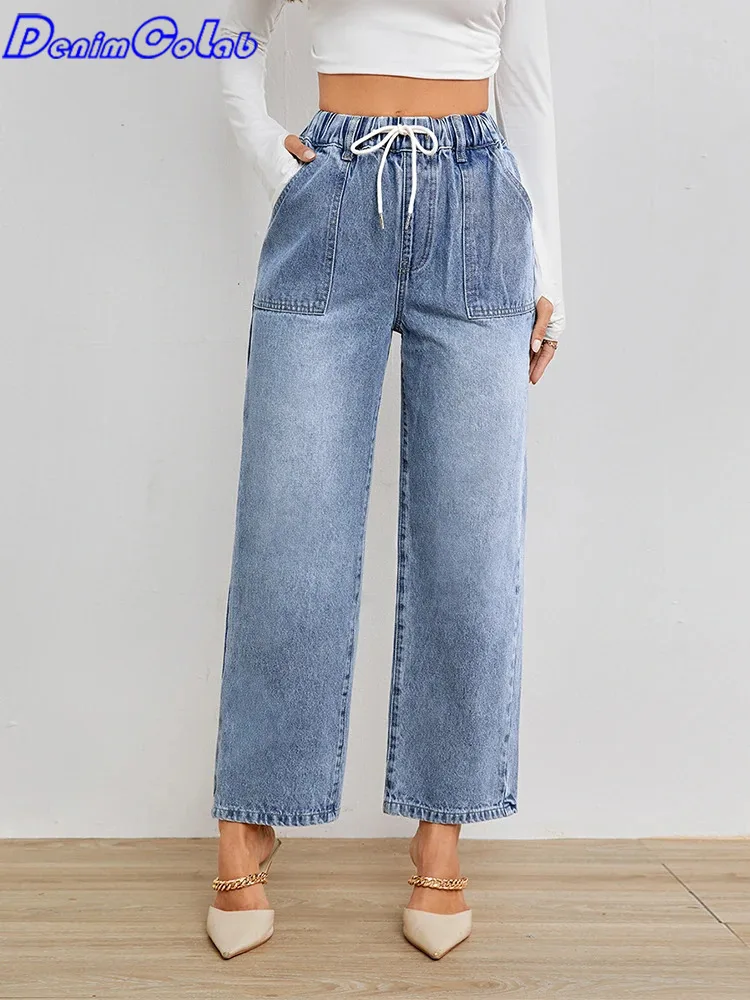 

Женские джинсы Denimcolab 2024 с высокой талией, Модные свободные джинсовые прямые брюки на шнуровке, женская уличная одежда, хлопковые джинсы