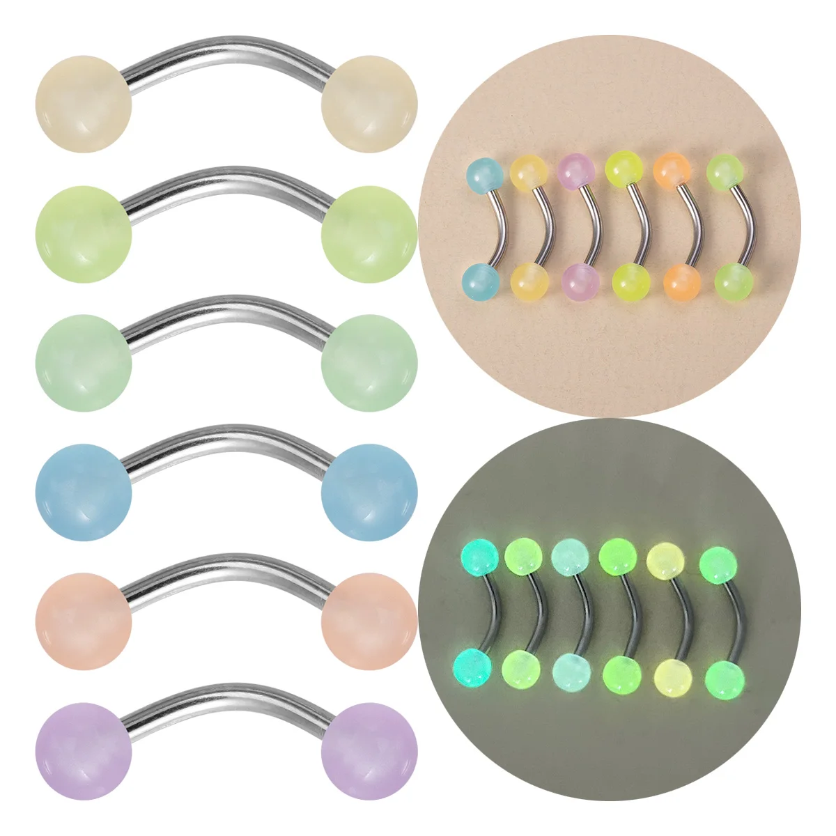 6PcsAcrylicCurvedBarbellGlowingEyebrowPiercingJewelryCartilage