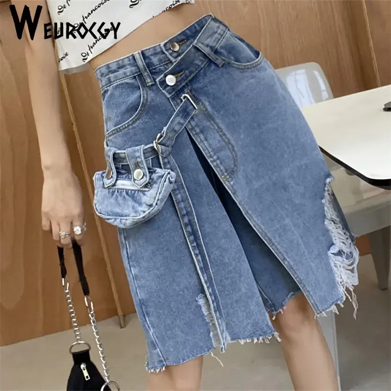 Women Shorts 2023 Summer Sexy Knee-length Denim Design Thin New Arrival Hole Chic Vintage Pockets Fashion All-match Streetwear