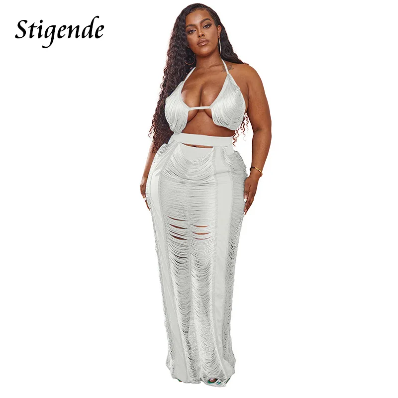 

Stigende Women Hollow Out Knit Cover Up Skirt Sexy Crochet Two Piece Beach Wear Bathing Suit Tie Up Bra and Long Maxi Skirts