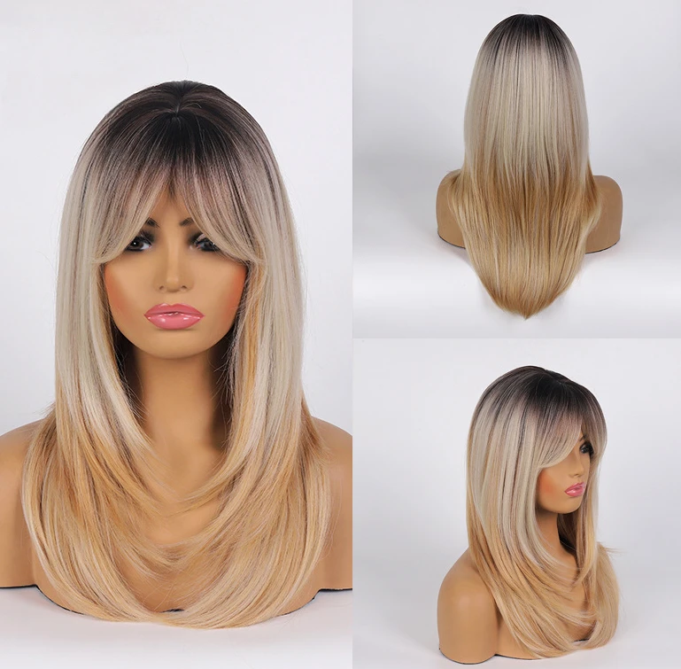 

New European and American Hood Dyed Mixed Blonde Gradient Straight Cosplay Wig Hood Hot Eight Character Bangs Long Hair