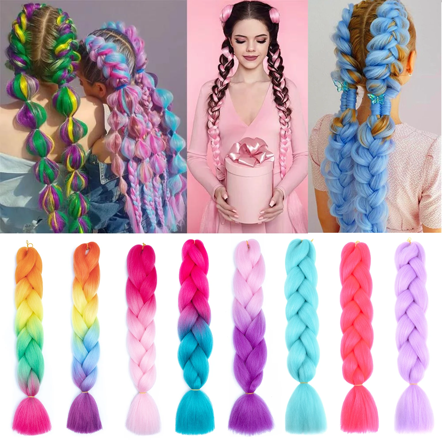 Pink, Purple, Yellow & Teal Synthetic Jumbo Braid – SimplyHair