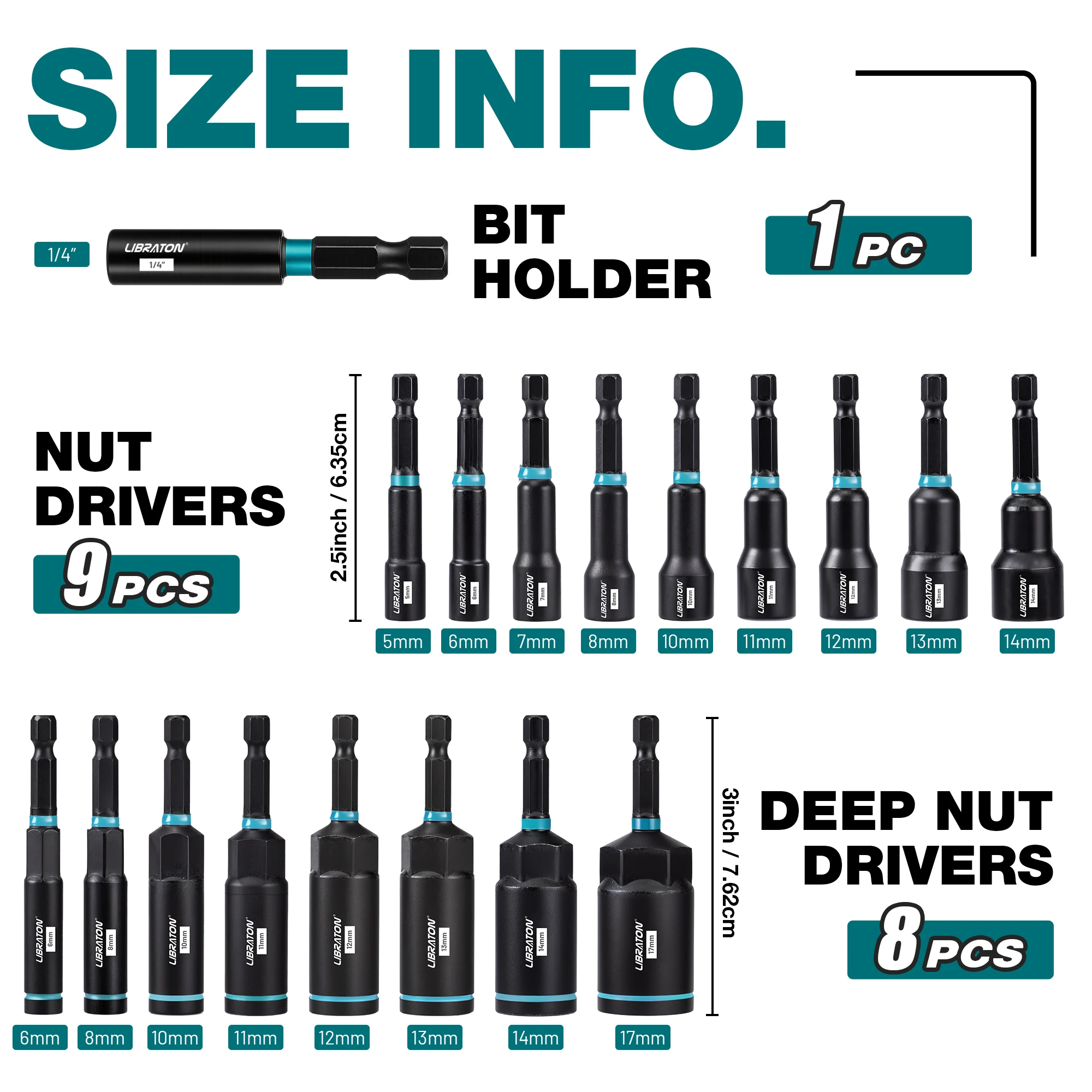 18PC Magnetic Nut Driver Set 1/4" Hex Shank Bit For Impact Drill Metric