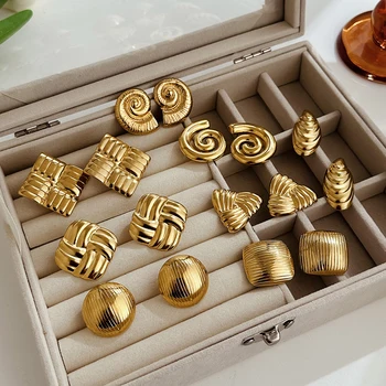 Vintage Texture Geometric Round Earrings for Women 18K Gold Plated Stainless Steel Conch Statement Ear Studs Waterproof Jewelry