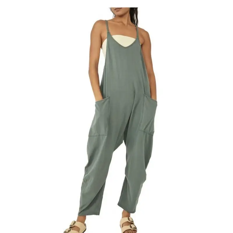 

Jumpsuits Women Rompers Elastic Soft Loose Solid Color Zipper Patch Pocket Sling Jumpsuit for Women Mono Mujer Verano