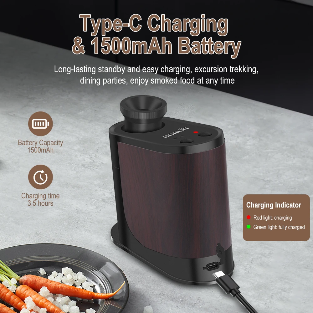 BORUiT New Portable Food Cold Smoke Generator Type-C Rechargeable Molecular Cuisine Smoking Gun Meat Burn Cooking for BBQ Grill