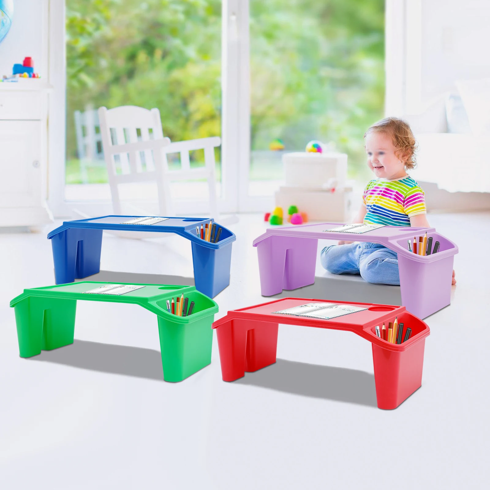4 Pcs Kids Lap Desk Tray, Plastic Breakfast Laptop Trays with Side Pockets 4