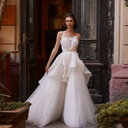 Sexy White Wedding Dresses Strapless Backless A-Line Bridal Gowns Appliques Sweep Train Tulle Robe De Mariee Custom Made 2023