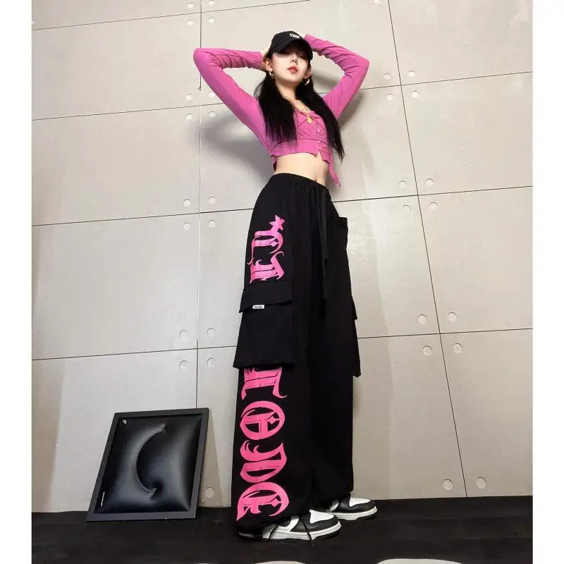 2024 American Spicy Girl Trendy Brand Black Rose Pink Printed Workwear Pants Female Personality Street Hip Hop Loose Dance Sport